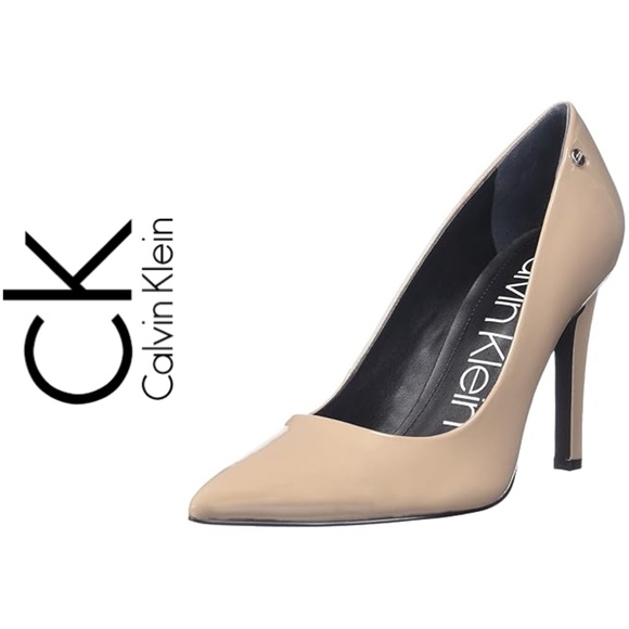 Calvin Klein | SZ 7 | Brady Beige Stiletto Pointed Toe Patent Leather Pump - Picture 1 of 8